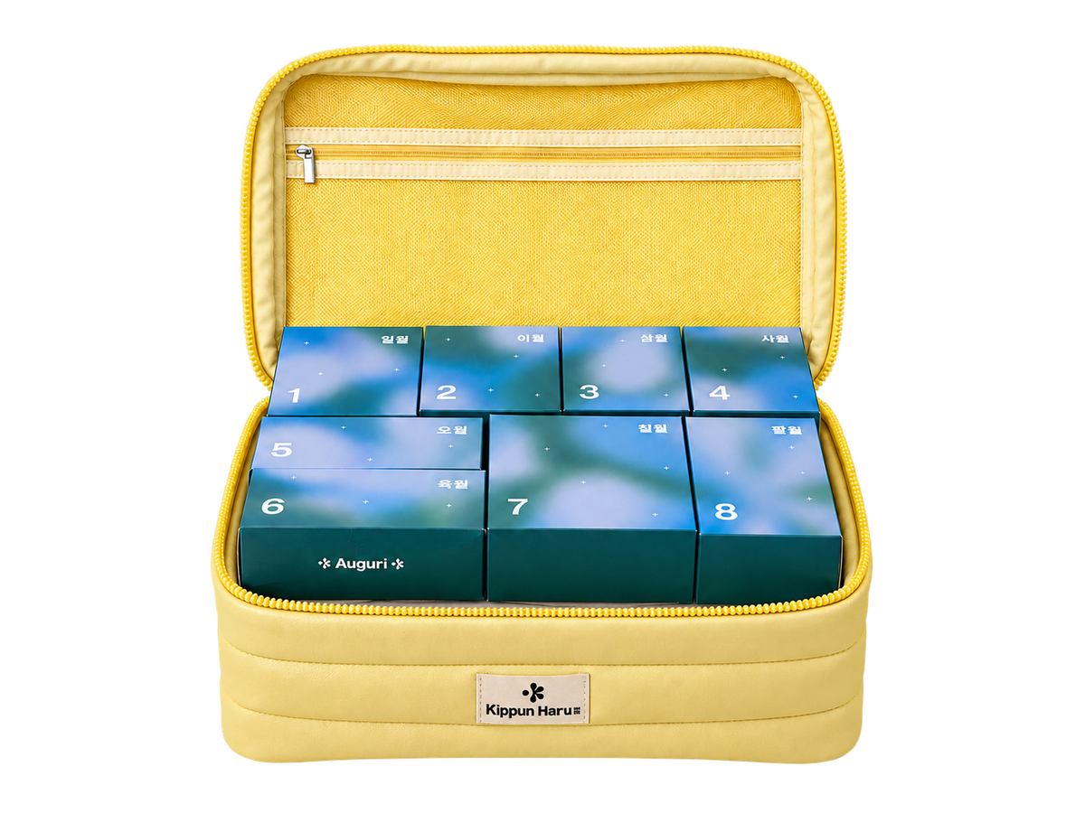 Beauty case giallo Kippun Haru aperto con le caselle del calendario dell’Avvento