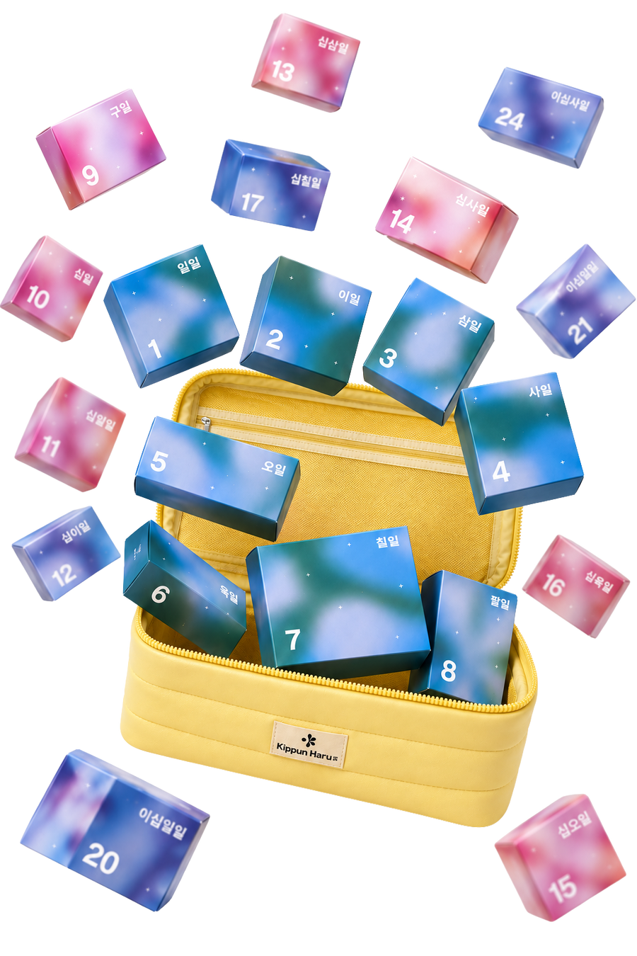 Beauty case giallo Kippun Haru con le caselle colorate del Calendario dell’Avvento 2026